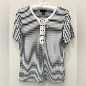 ST JOHN | Knit Lace Up Striped Nylon Short Sleeve Top | Medium